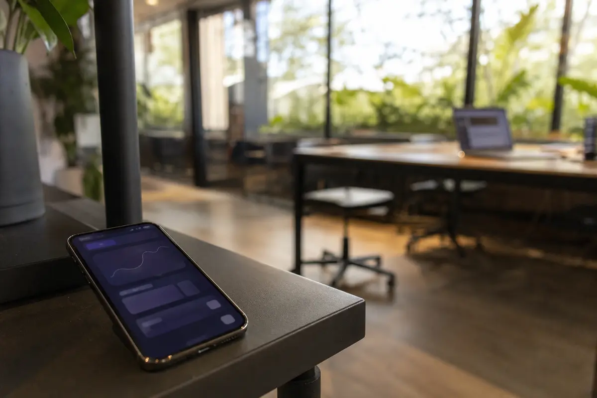 Teléfono personal separado del portátil de trabajo en un espacio de coworking
