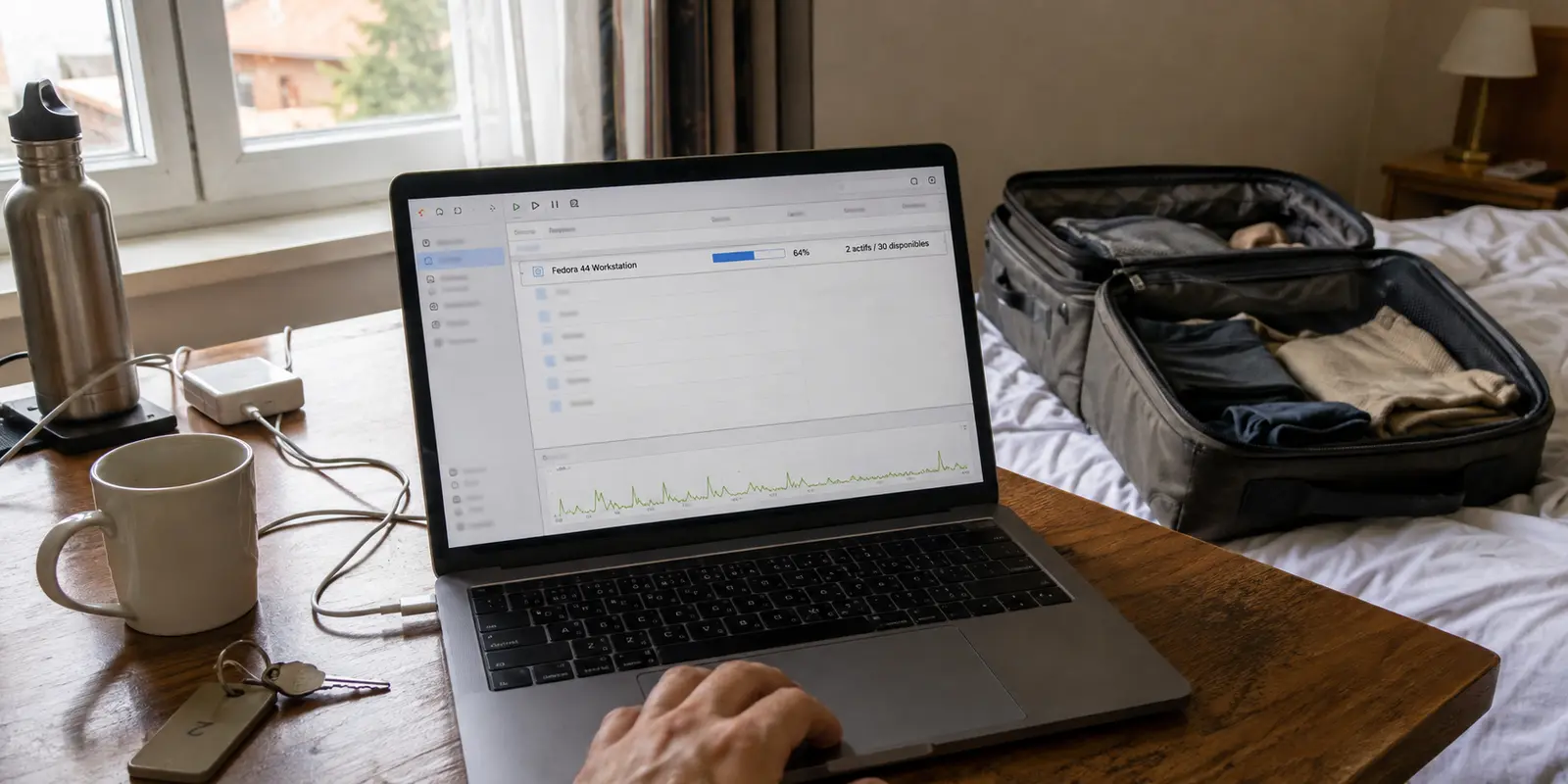 Un torrent Fedora reste lent malgré de nombreuses sources pendant qu’une valise attend d’être fermée