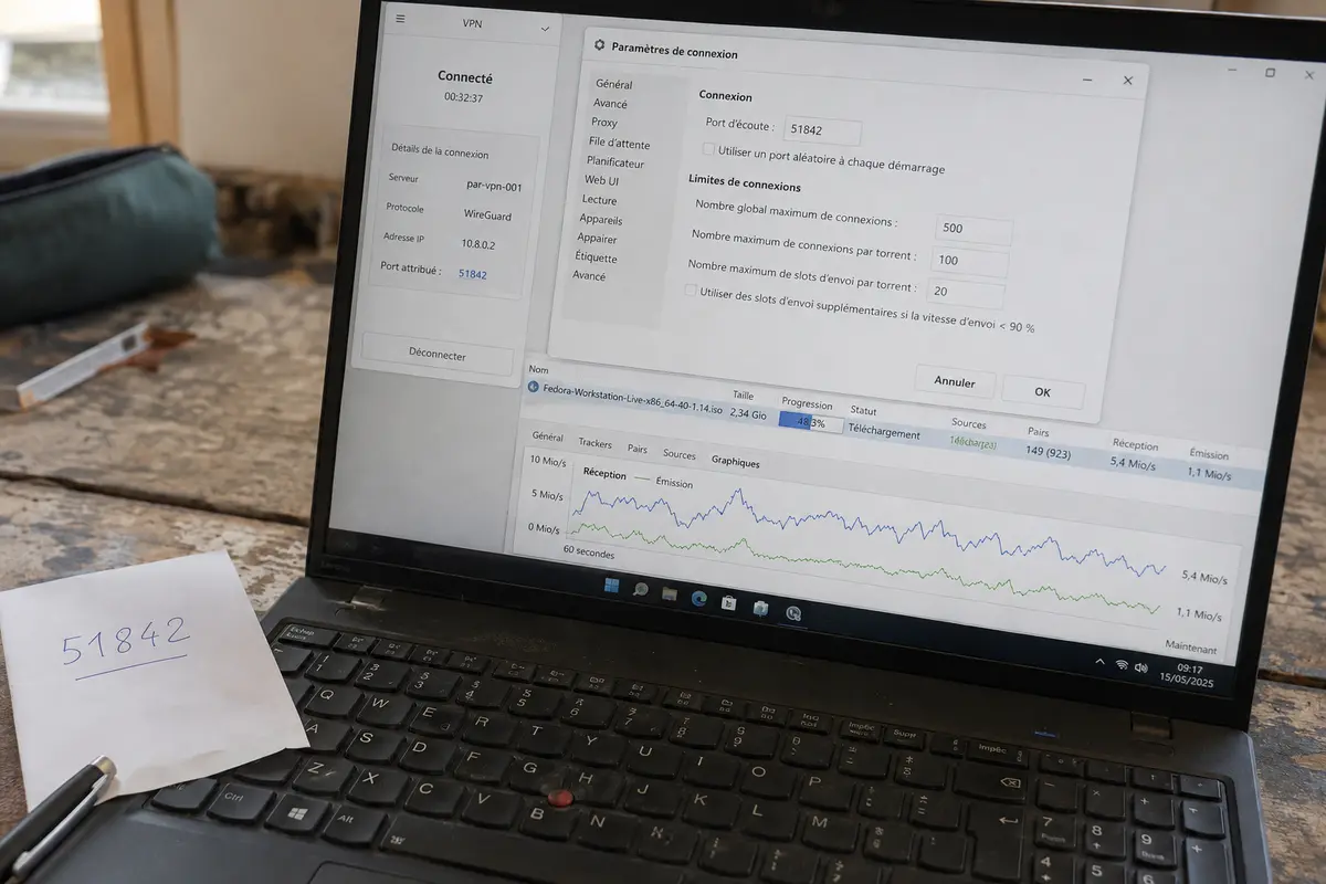 Le même port est configuré dans le VPN et le client BitTorrent, tandis que le graphique de débit reste irrégulier.