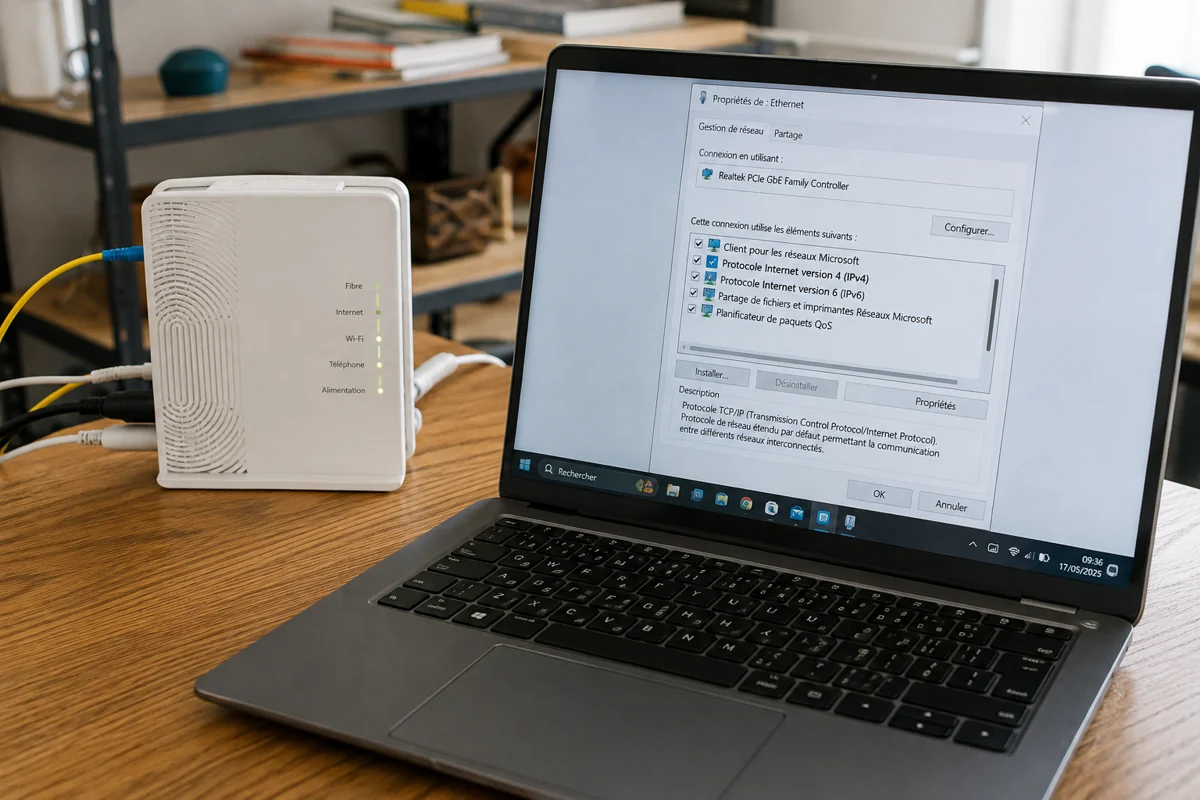 Connexion fibre avec IPv4 et IPv6 toutes deux activées dans les propriétés réseau