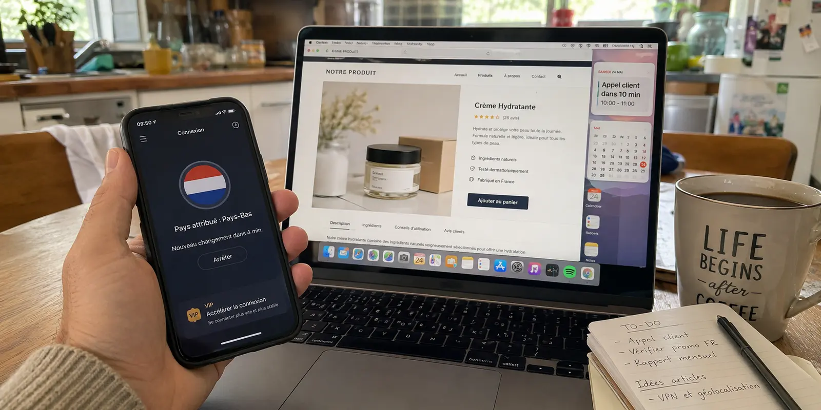 Un VPN gratuit attribue les Pays-Bas alors qu’une page française doit être vérifiée avant un appel imminent.