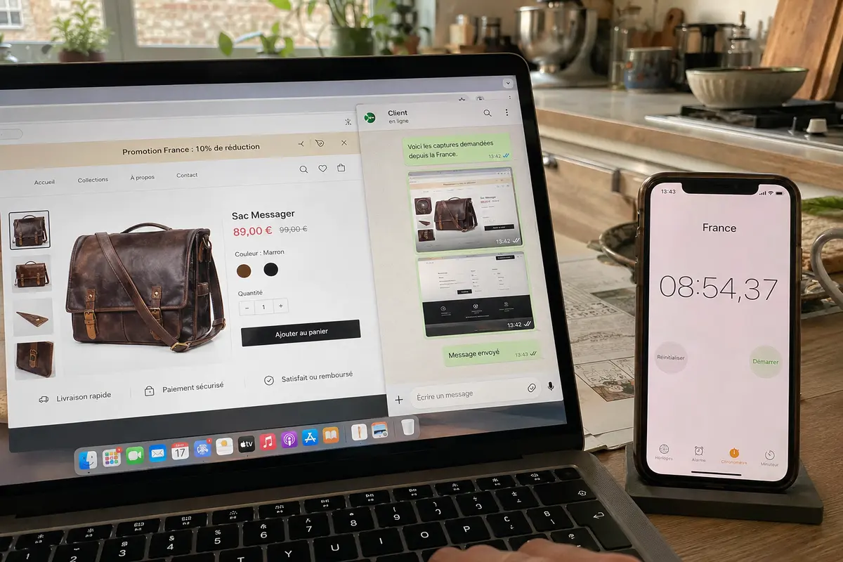 La promotion française est visible, les captures sont envoyées au client et le chronomètre s’arrête avant dix minutes.