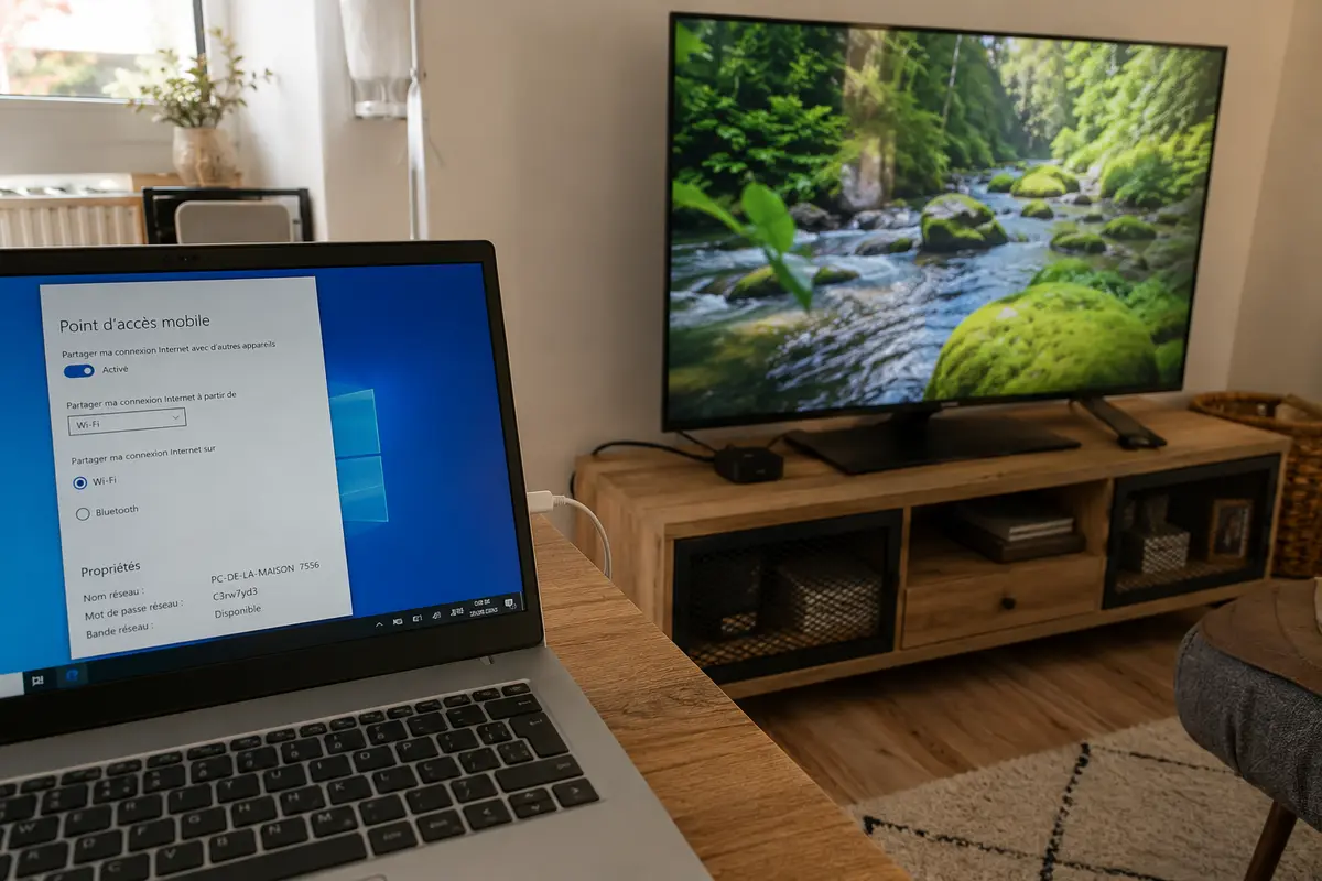 Un ordinateur partage sa connexion tandis que la vidéo joue sur le téléviseur