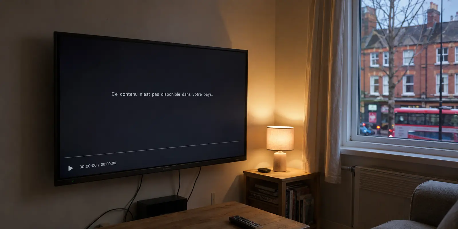 Téléviseur affichant un message d’indisponibilité géographique dans un appartement londonien