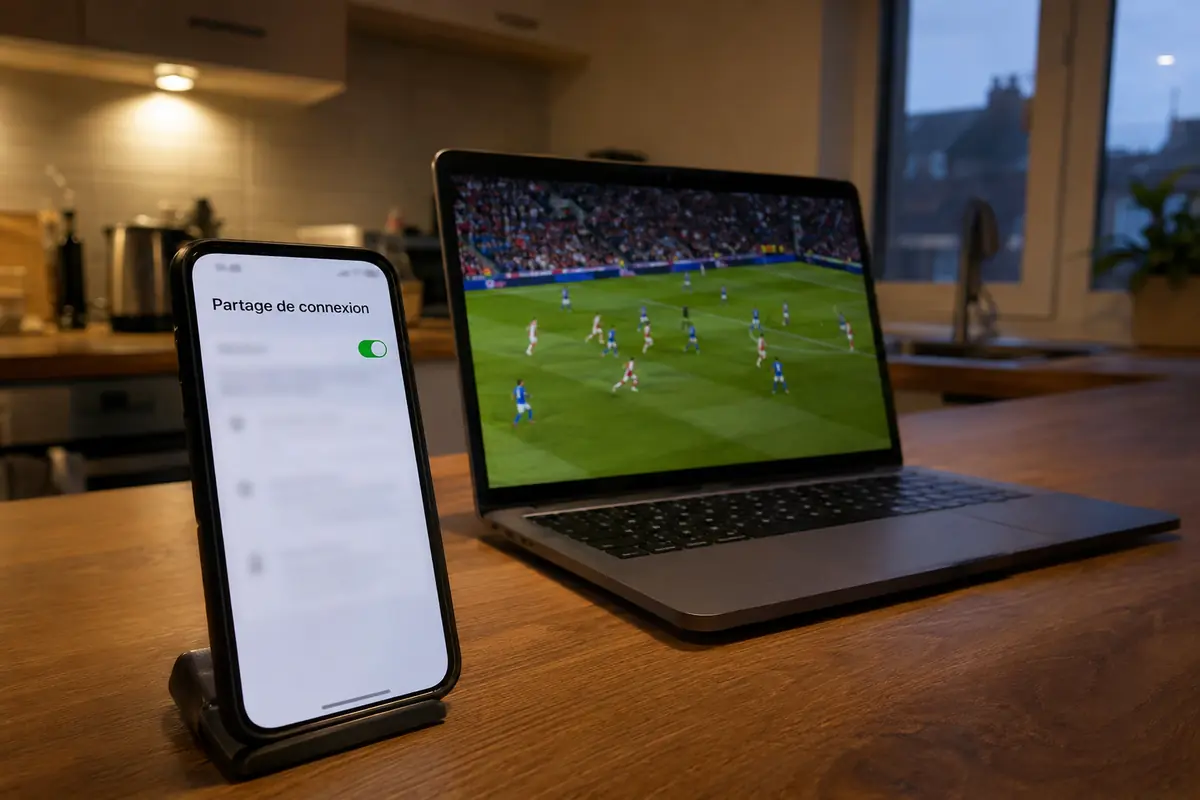 Téléphone en partage de connexion à côté d’un ordinateur où le direct sportif a repris
