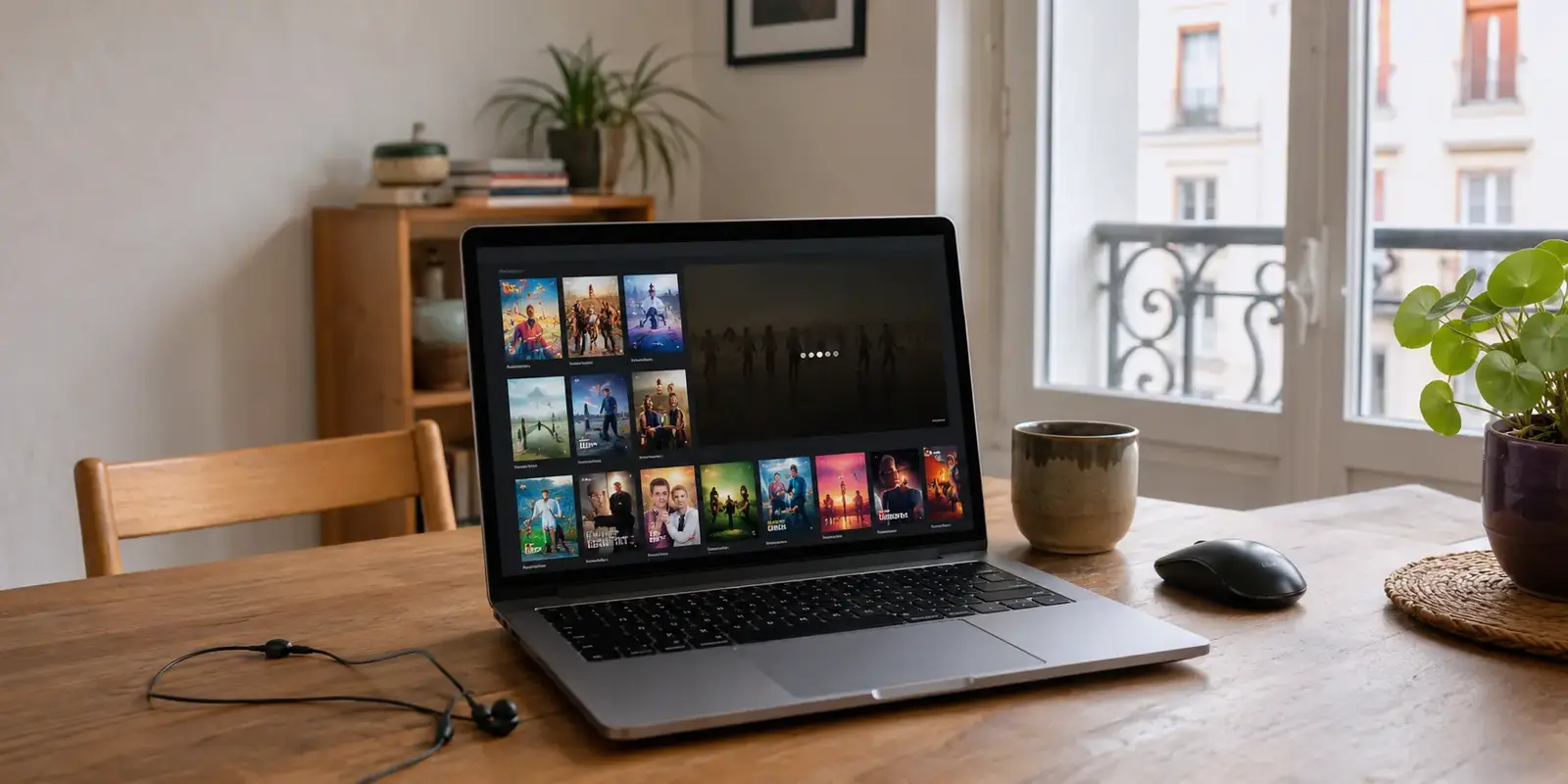 Ordinateur portable ouvert sur une plateforme de streaming bloquée dans un appartement lyonnais