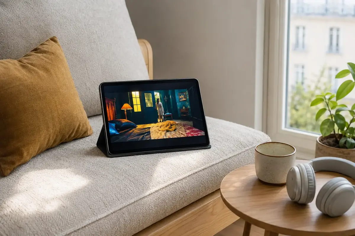 Tablette diffusant un épisode sur une banquette près d’une fenêtre