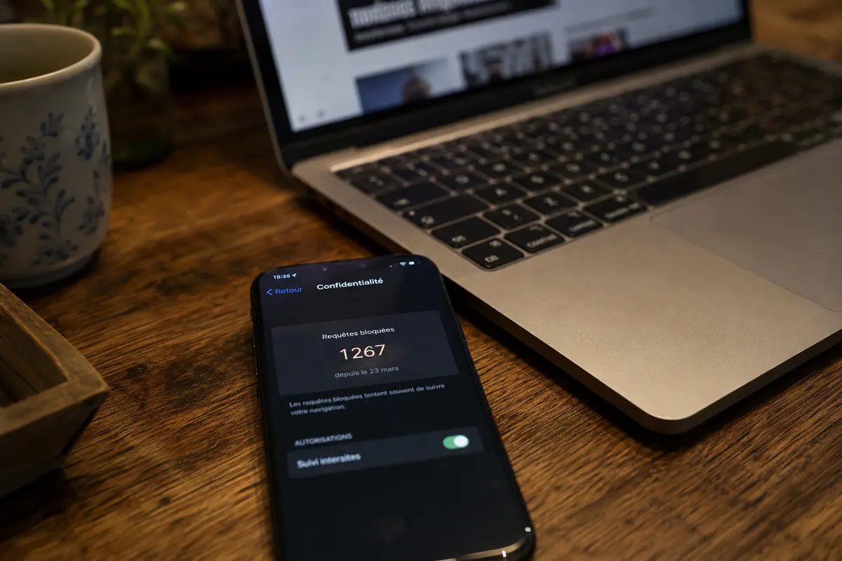 Un téléphone affiche le nombre de requêtes bloquées à côté d’un ordinateur