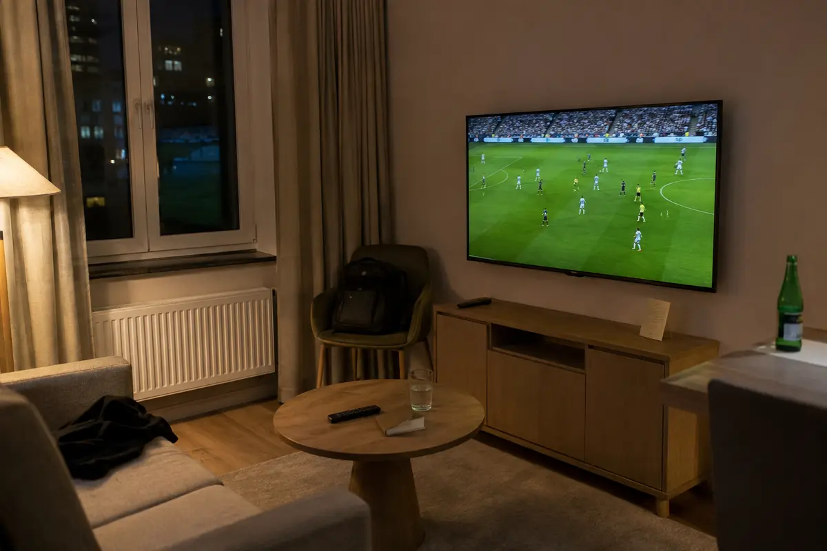 Dans le salon d’un hébergement, un téléviseur mural diffuse un match de football sans interruption