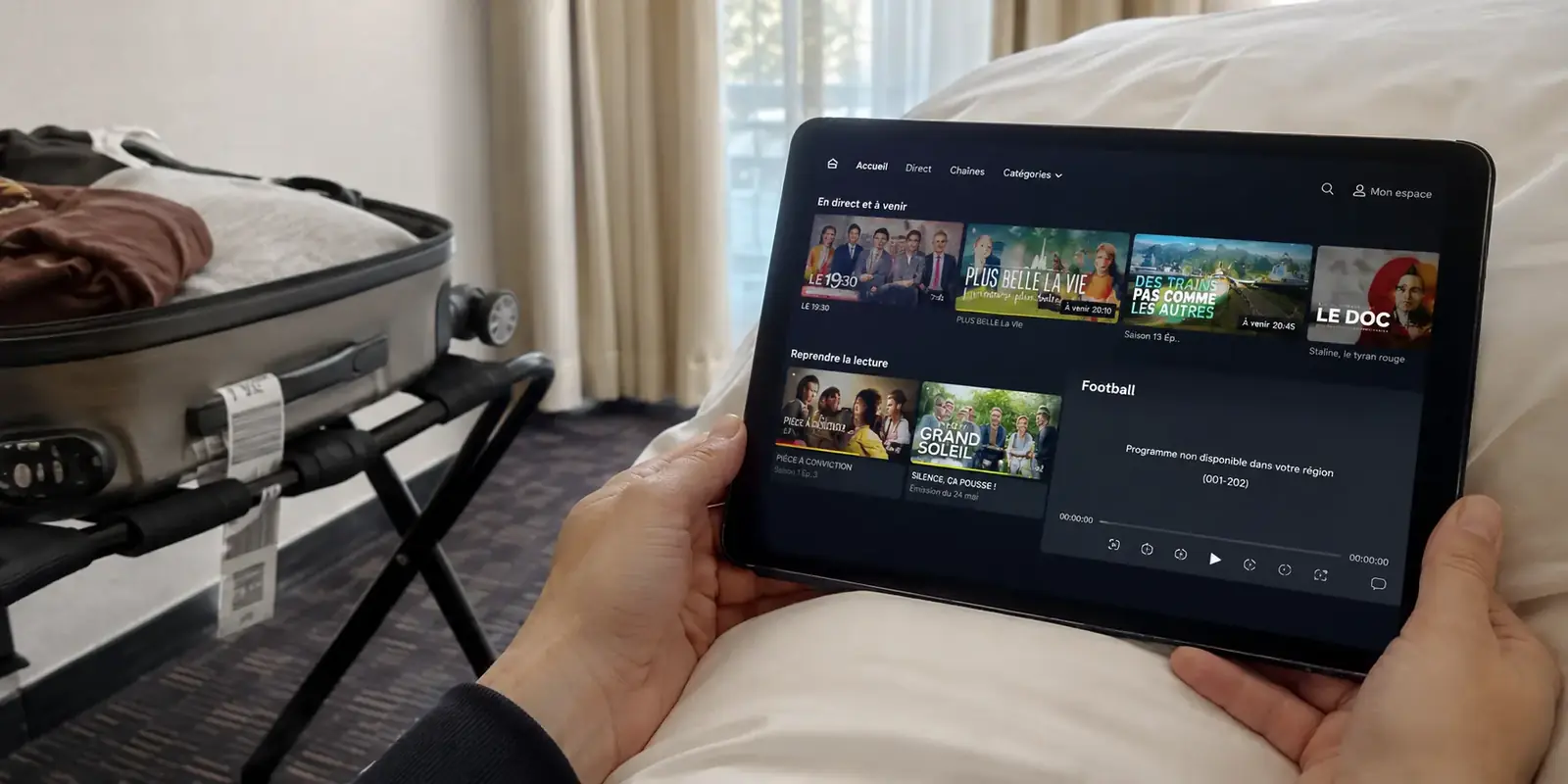 Dans une chambre d’hôtel à Lyon, une tablette affiche le catalogue vidéo disponible mais refuse de lancer le programme de football sélectionné