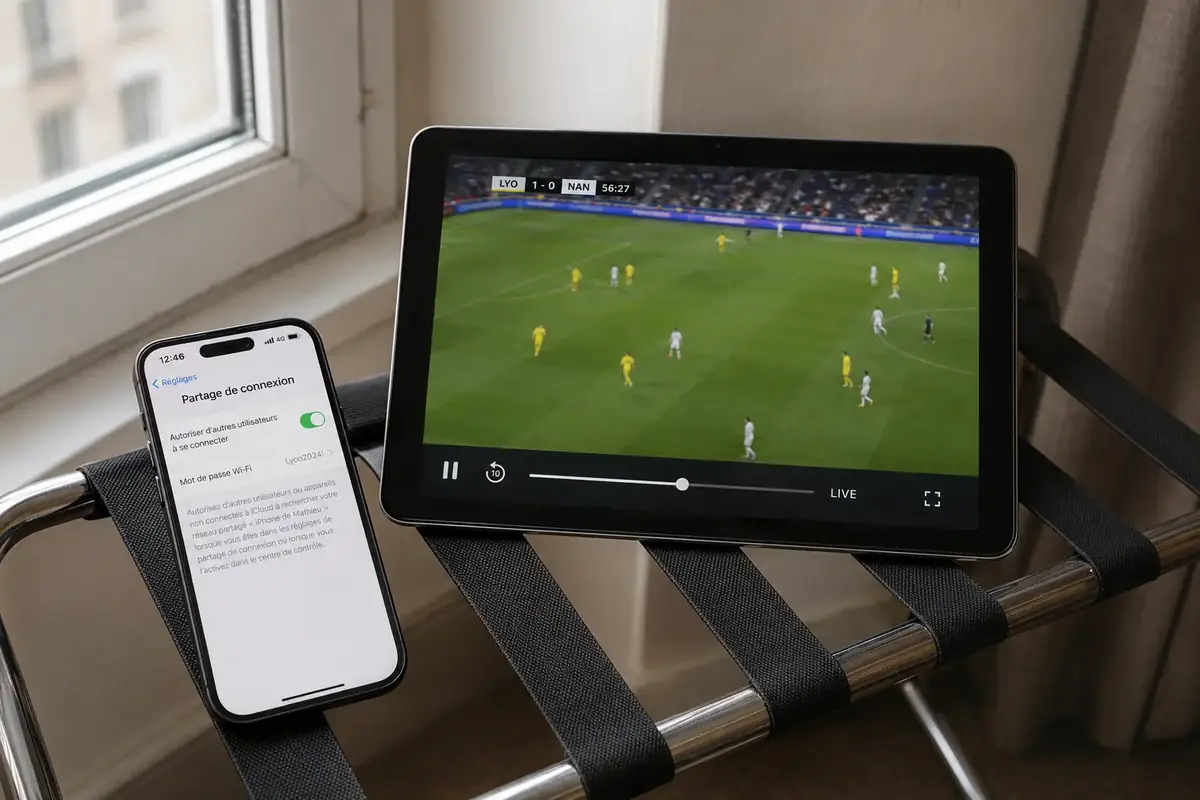 Un téléphone active le partage de connexion près d’une tablette où le match de football a repris