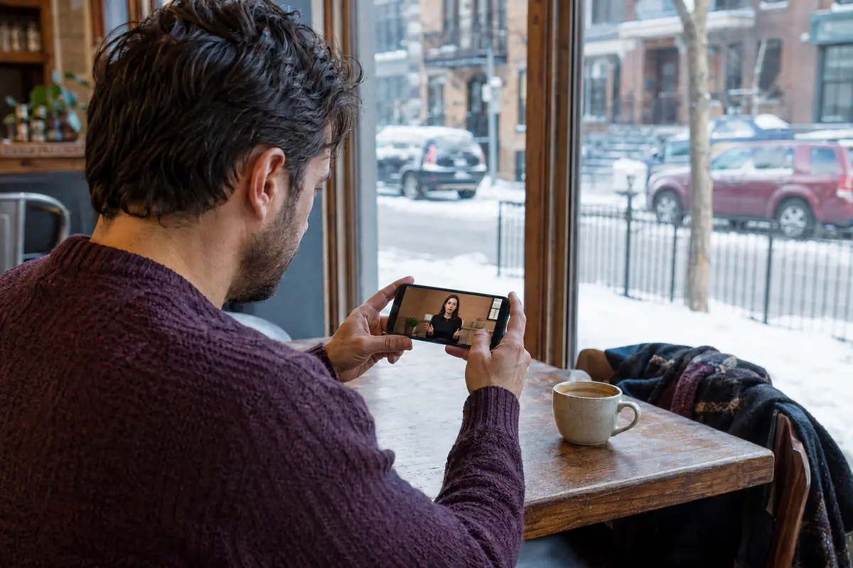Un voyageur regarde un programme stable sur son téléphone dans un café montréalais en hiver