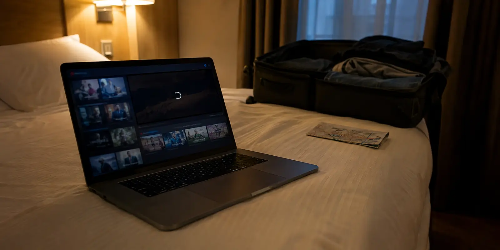 Ordinateur affichant un lecteur RTL play bloqué sur le lit d’une chambre d’hôtel à Lille