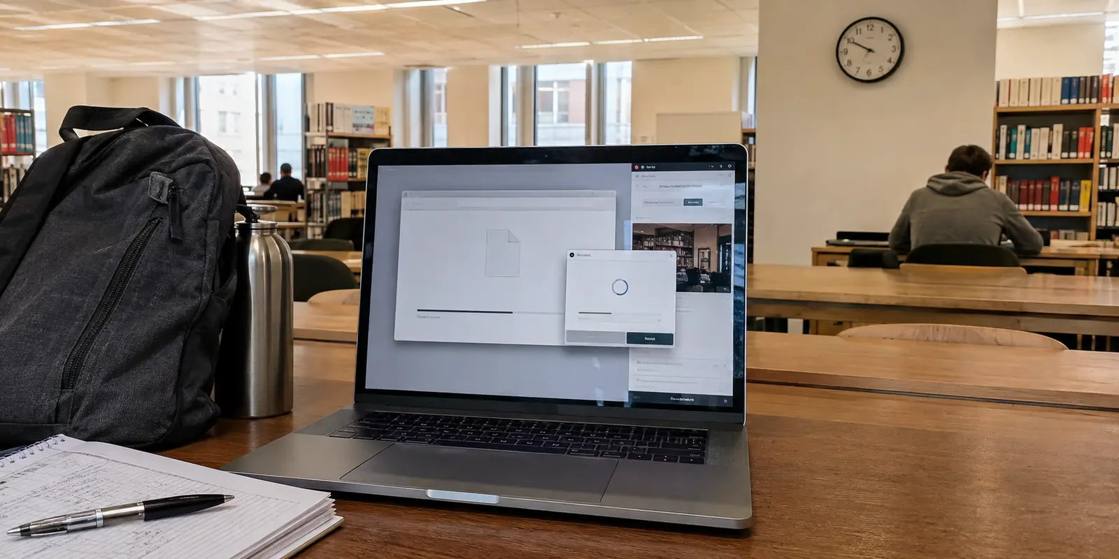 Dans une bibliothèque universitaire, un fichier attend pendant que la connexion VPN échoue