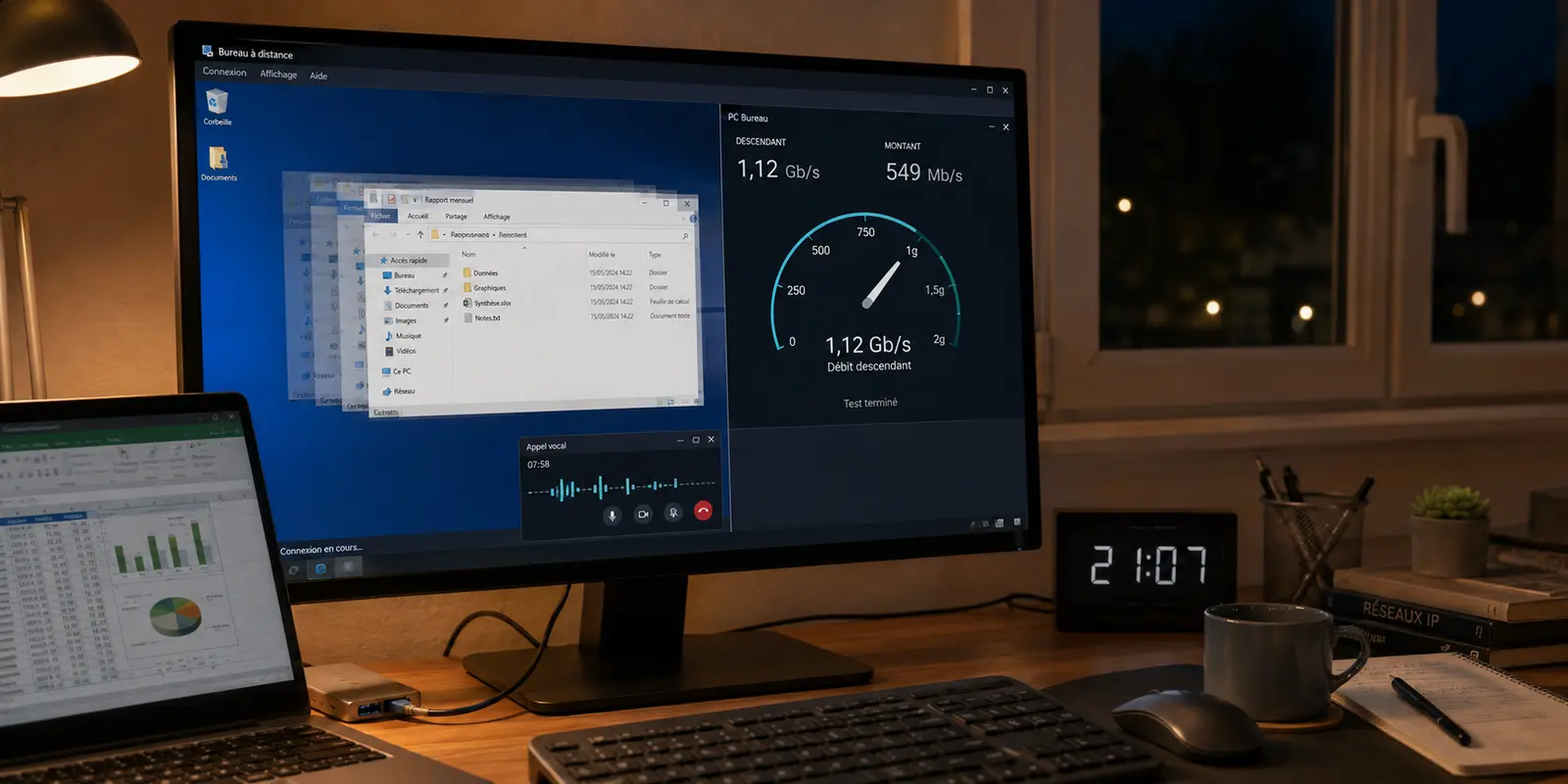 À 21 h 07, un bureau distant et un appel deviennent saccadés malgré un test de débit supérieur à un gigabit par seconde