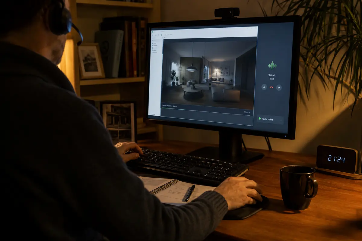 À 21 h 24, le travail sur le bureau distant et l’appel se poursuivent normalement après le choix d’une route plus stable