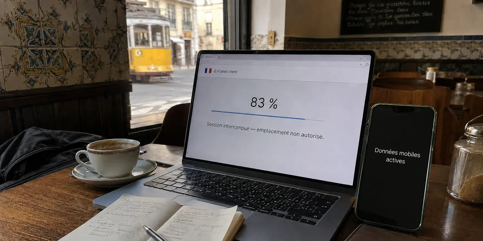 Dans un café de Lisbonne, le téléversement professionnel reste bloqué à 83 % après l’interruption de la session pour emplacement non autorisé