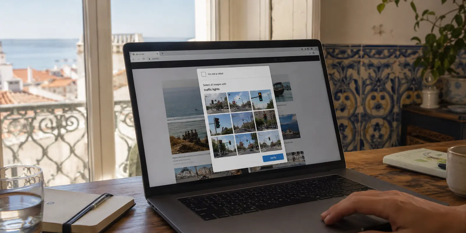 Un ordinateur ouvert sur un contrôle CAPTCHA pendant une session de travail à Lisbonne