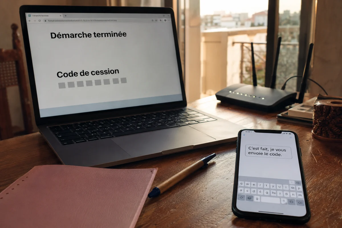 Confirmation de démarche terminée avec code de cession masqué et message prêt à être envoyé