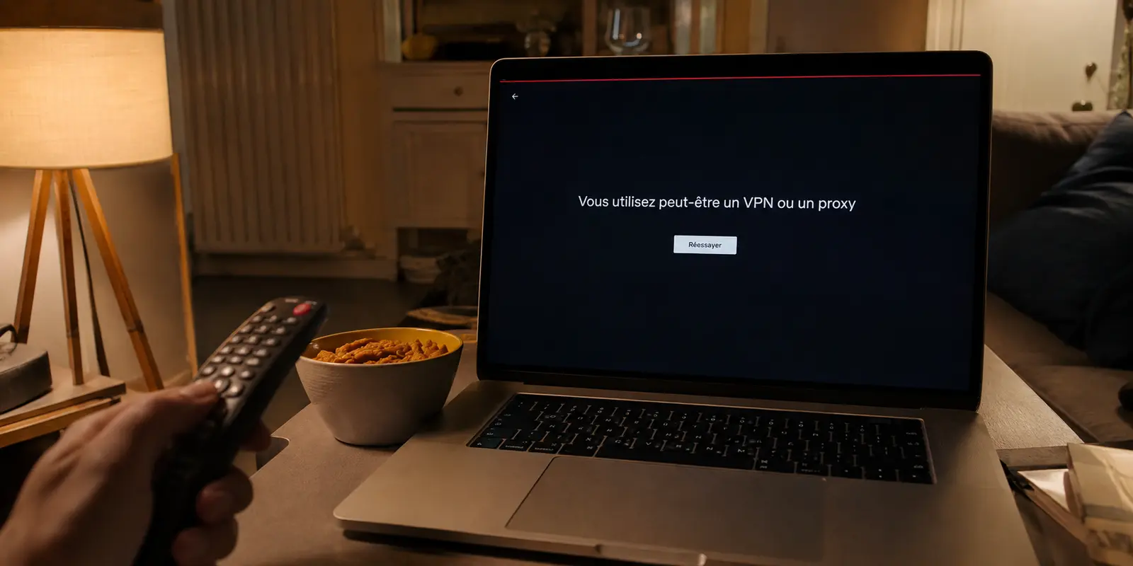 Une soirée streaming est interrompue par un message signalant un VPN ou un proxy