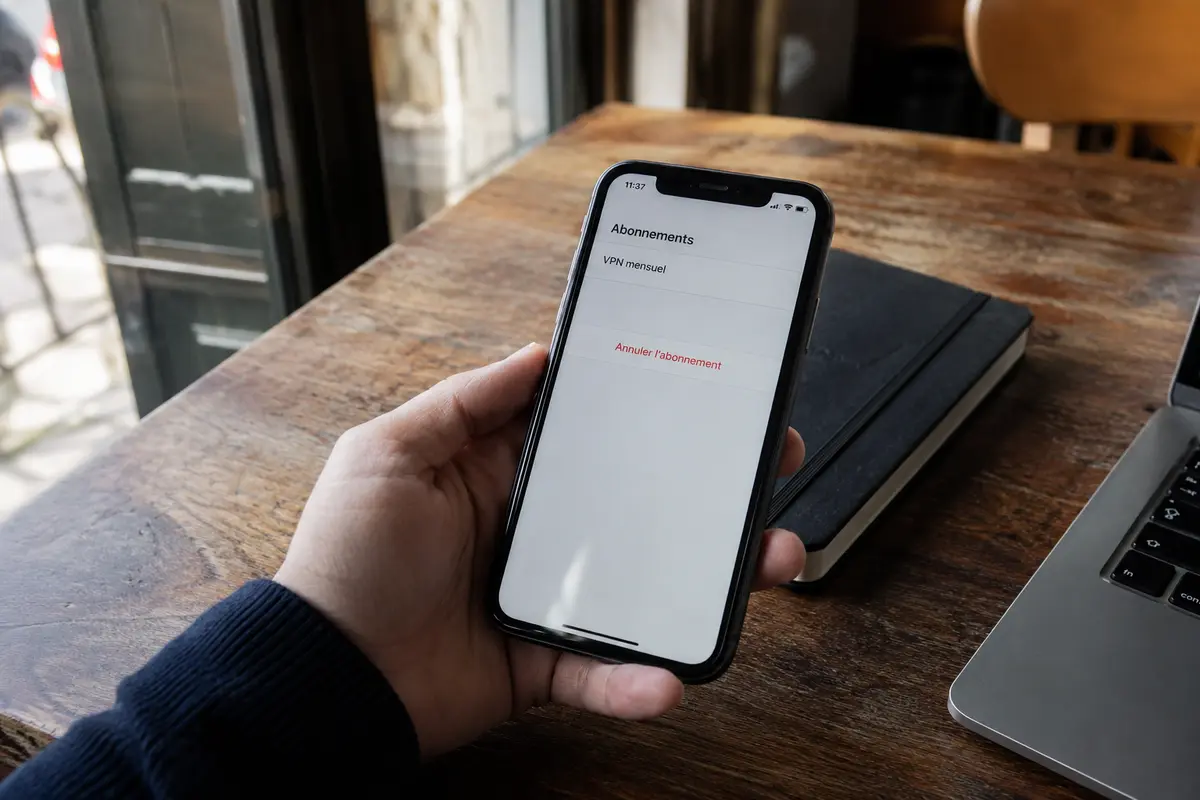 L’écran des abonnements d’un iPhone montre où annuler un VPN mensuel