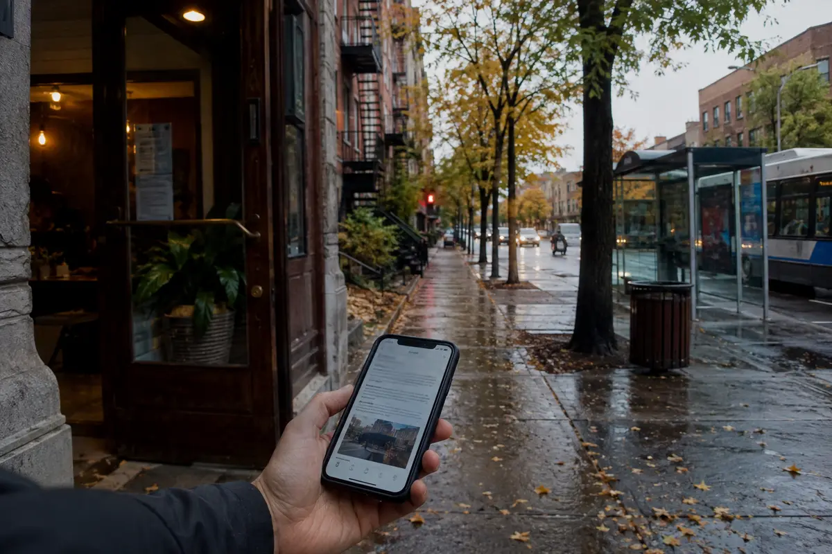 Une page reste ouverte sur un téléphone après le passage du Wi-Fi aux données mobiles dans une rue de Montréal
