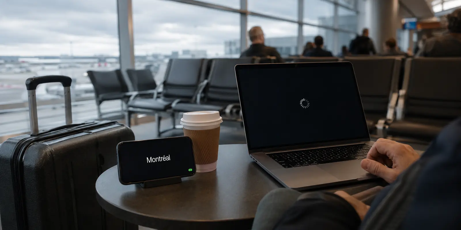 À l’aéroport, le téléphone indique Montréal tandis que la page du portable reste bloquée au chargement.