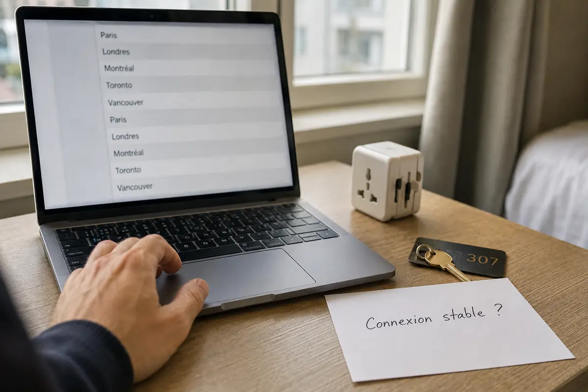 Dans une chambre d’hôtel, une longue liste de villes reste ouverte près d’une note demandant si la connexion est stable.