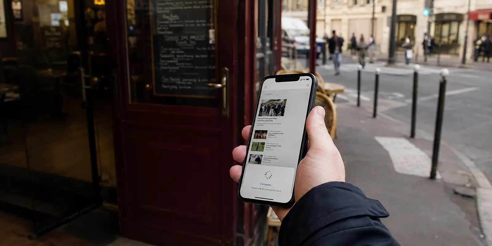 À la sortie d’un café, le téléphone utilise bien la 5G mais le VPN tente encore de rétablir sa connexion.