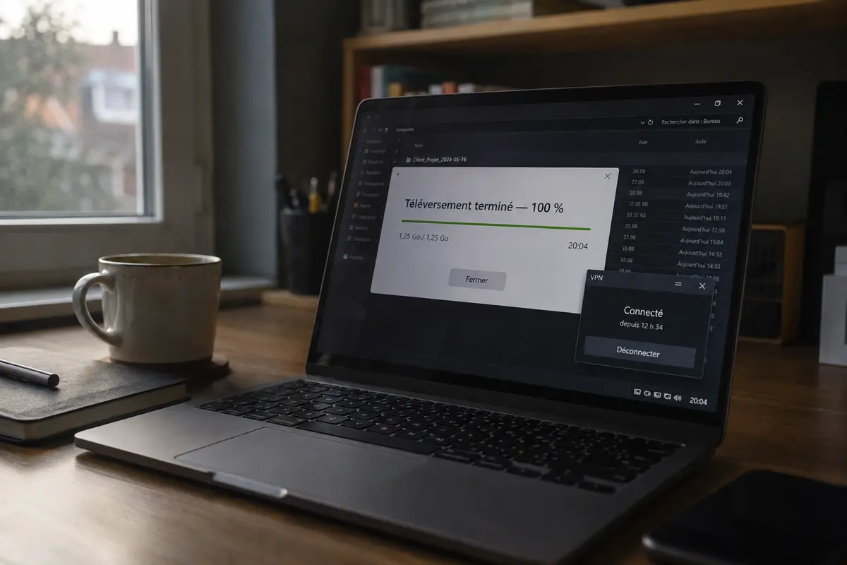 À 20 h 04, un téléversement est terminé à 100 % tandis que le VPN indique plus de douze heures de connexion.