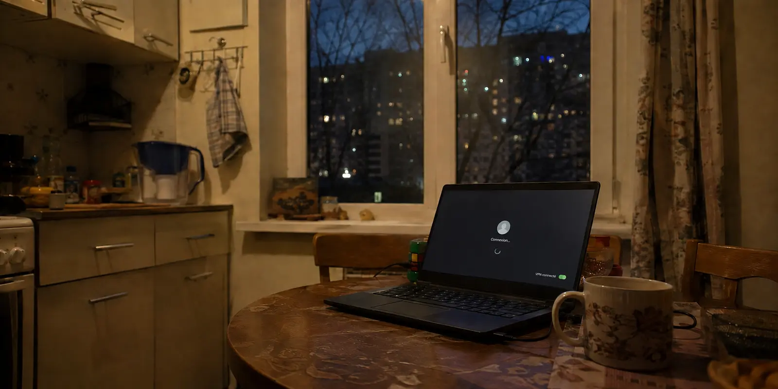 Un ordinateur portable affiche un appel bloqué malgré un VPN connecté dans un appartement à Moscou