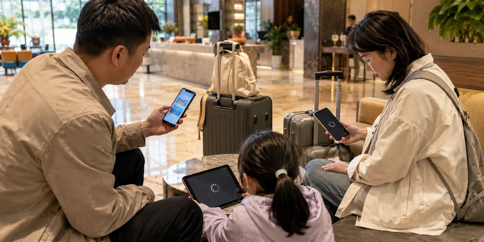 Dans le hall d’un hôtel à Pékin, une famille constate qu’un téléphone fonctionne tandis qu’un autre téléphone et une tablette restent en attente