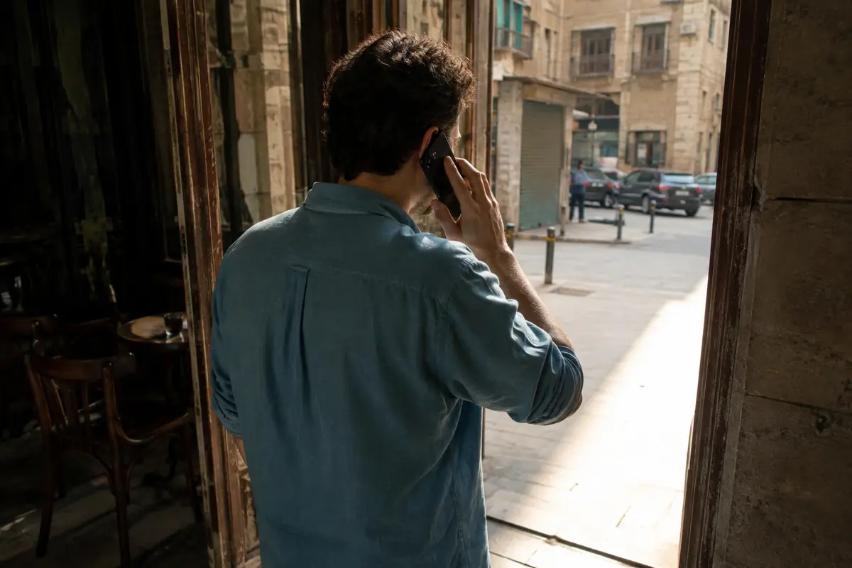Un voyageur poursuit son appel en passant d’un café à une rue du Caire