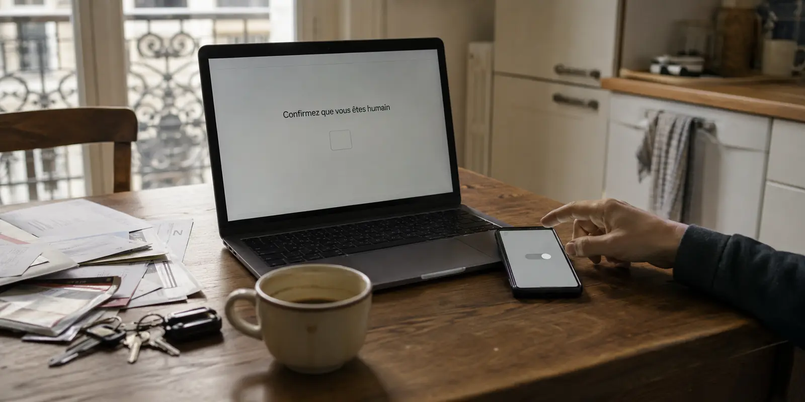 Un site demande une nouvelle vérification sur un ordinateur pendant que la main approche du bouton de déconnexion.