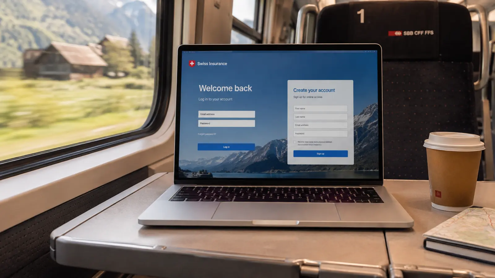 Ordinateur de voyage connecté depuis un train entre le Québec et la France