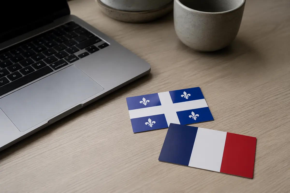 Drapeaux du Québec et de la France posés près d’un ordinateur portable
