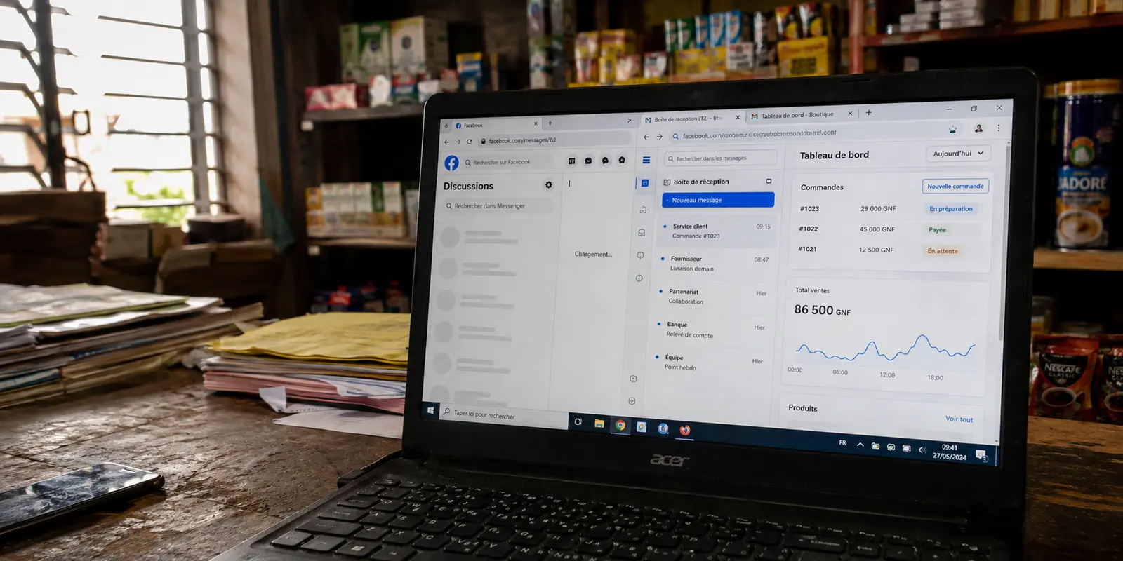 Messenger reste bloqué dans une boutique de Conakry alors que la messagerie et les commandes fonctionnent