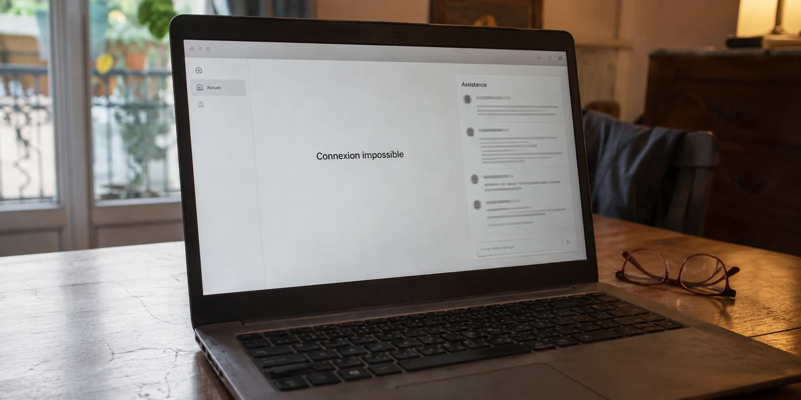 Une connexion impossible et une conversation avec l’assistance ouvertes sur un ordinateur à la maison.