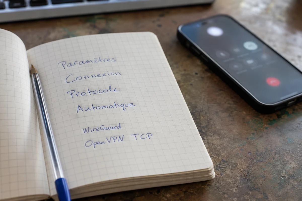Des noms de réglages notés dans un carnet, près d’un téléphone en cours d’appel.