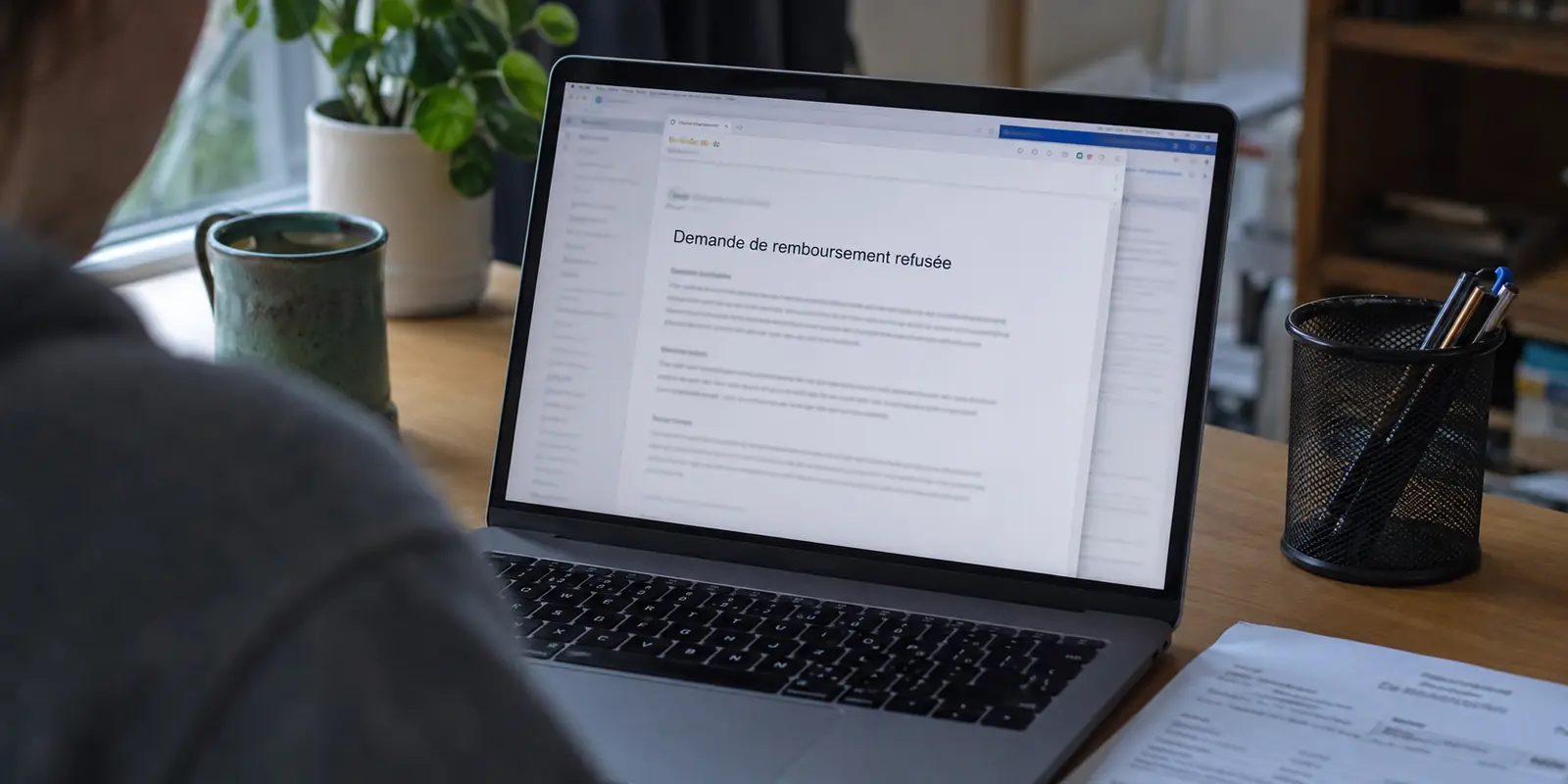 Demande de remboursement refusée affichée sur un ordinateur portable