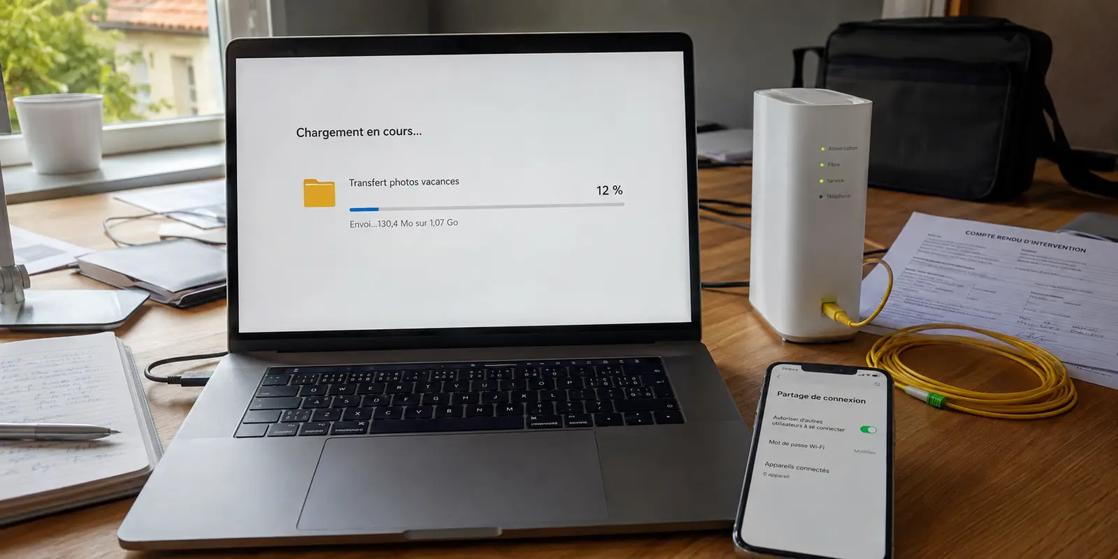 Après une installation fibre, l’envoi d’un dossier photo reste bloqué à 12 % sur l’ordinateur tandis que le partage 4G est prêt sur le téléphone