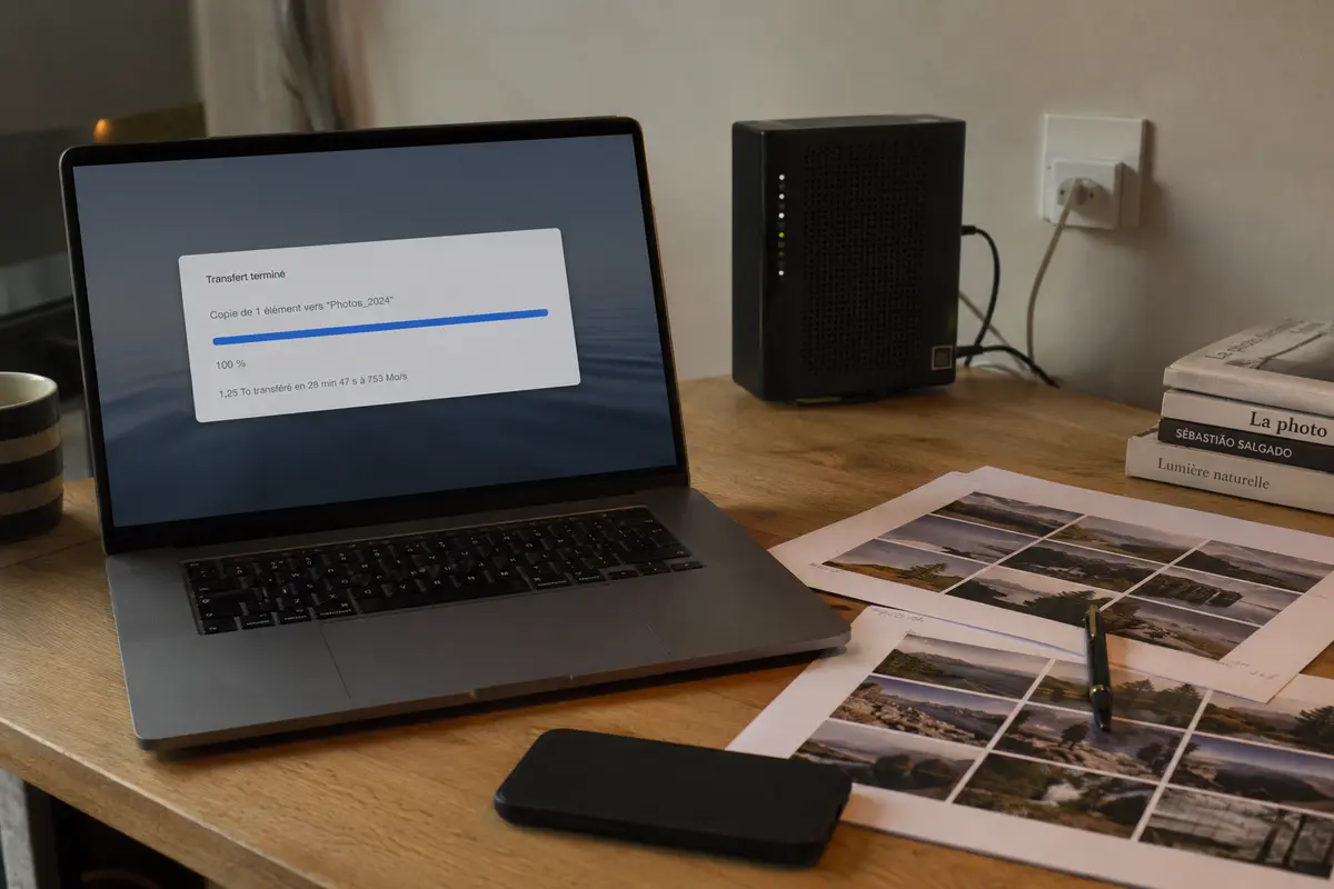 Le transfert du dossier photo atteint 100 % sur l’ordinateur relié à la fibre, tandis que le téléphone reste posé face contre table