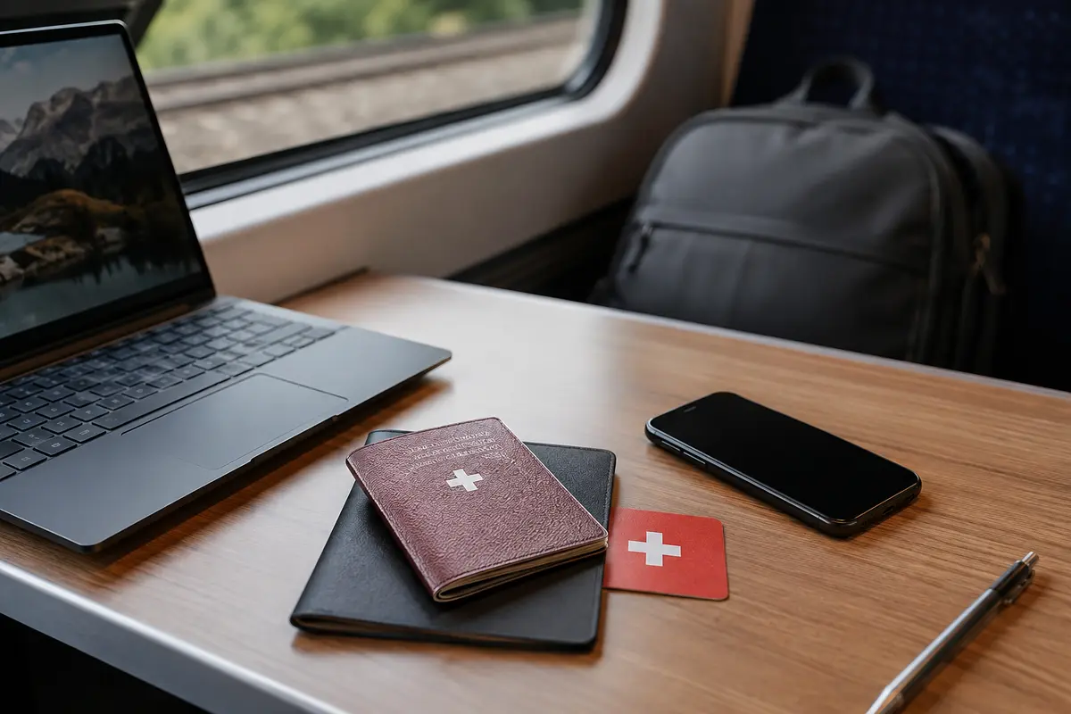Ordinateur, téléphone et passeports suisses sur une tablette de train