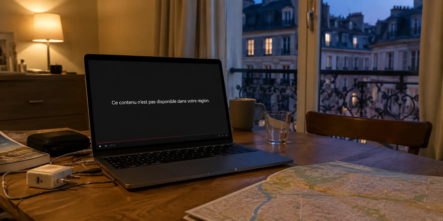 Ordinateur affichant un contenu indisponible dans la région depuis un appartement à l’étranger