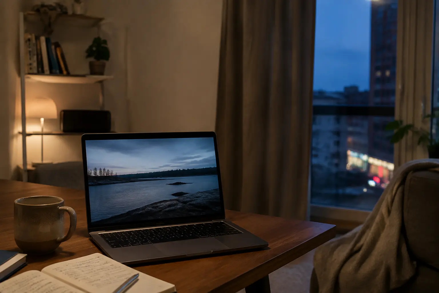 Ordinateur posé sur un bureau et lecture devenue ordinaire dans un appartement à l’étranger