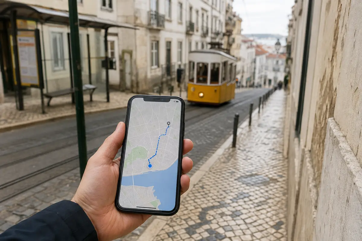 Un téléphone conserve le point GPS et l’itinéraire local dans une rue de Lisbonne