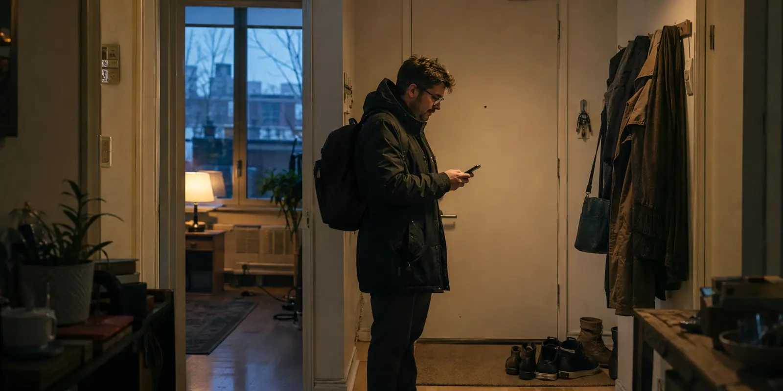 Dans l’entrée d’un appartement montréalais, un voyageur déjà vêtu pour sortir termine une nouvelle validation sur son téléphone.