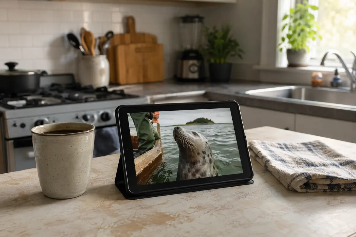 Dans une cuisine montréalaise lumineuse, une tablette diffuse une émission tandis qu’une tasse de café repose à côté.