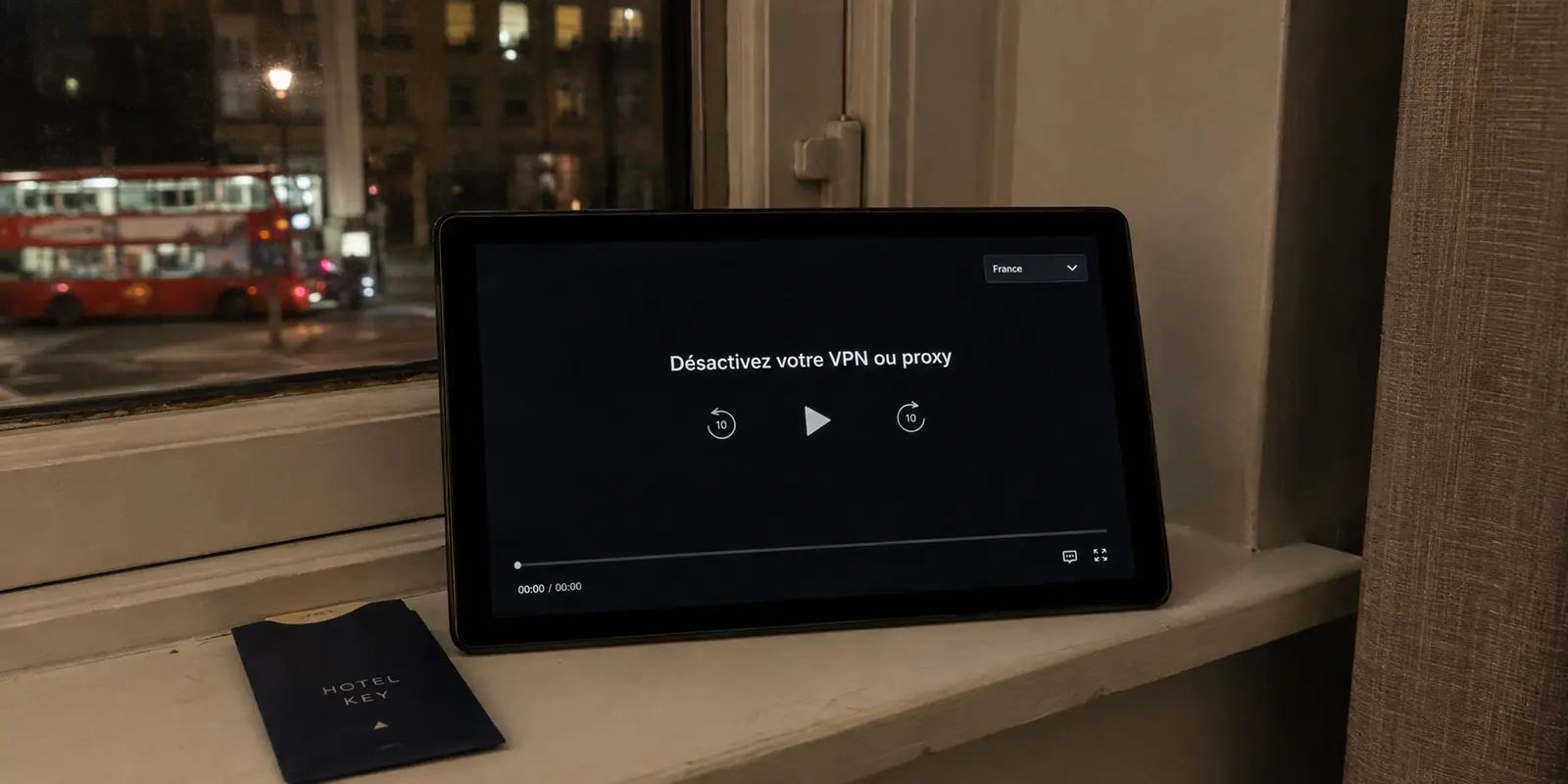 Lecteur vidéo refusant un VPN réglé sur la France depuis un hôtel à Londres