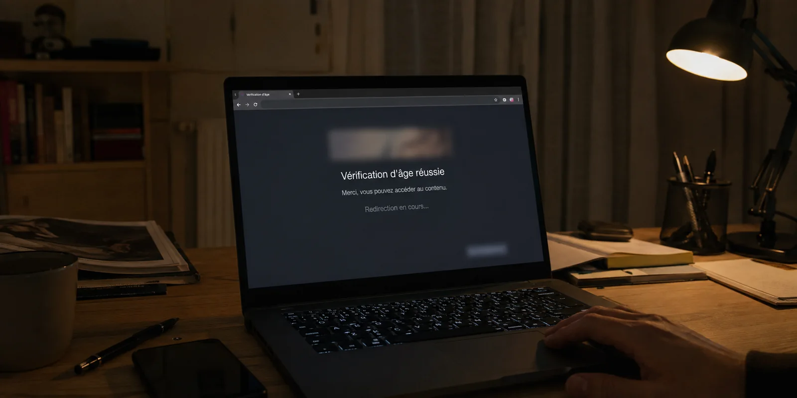 Ordinateur affichant la confirmation d’une vérification d’âge dans un appartement le soir.